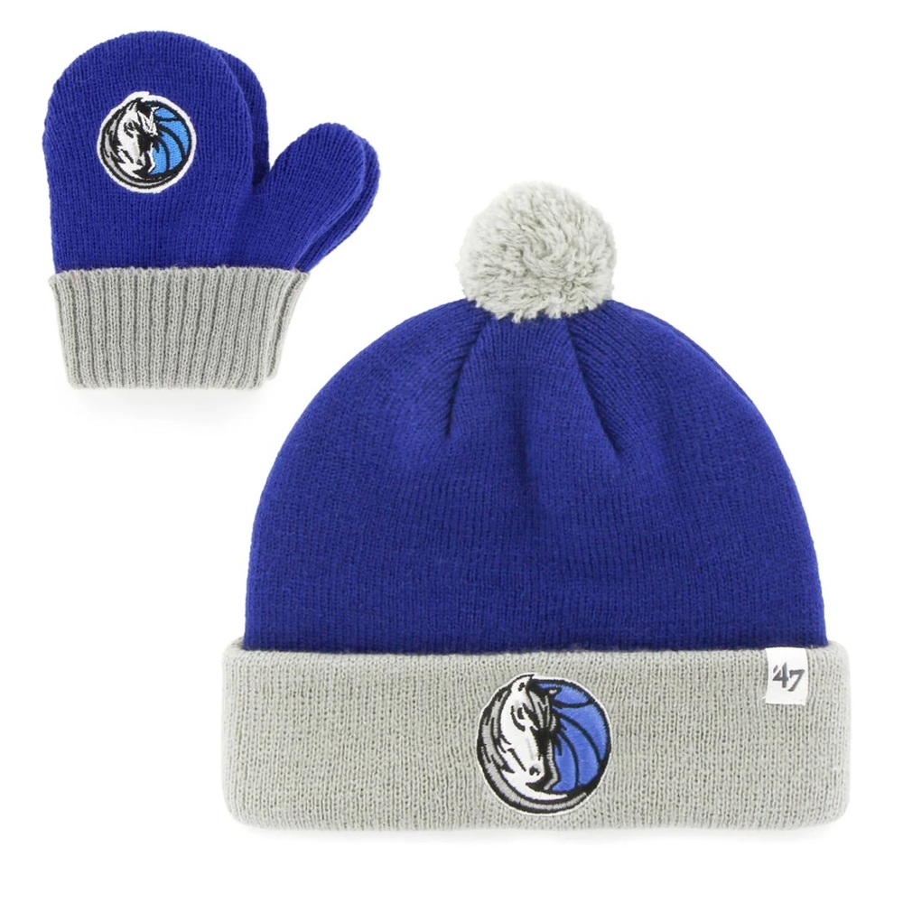 DALLAS MAVERICKS Kids Blue and Gray Pom-Pom Beanie and Mittens Set
